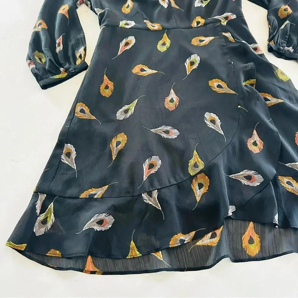 Madewell Black Poppy Wrap Long Sleeve Peacock Mini Dress - Picture 6 of 11